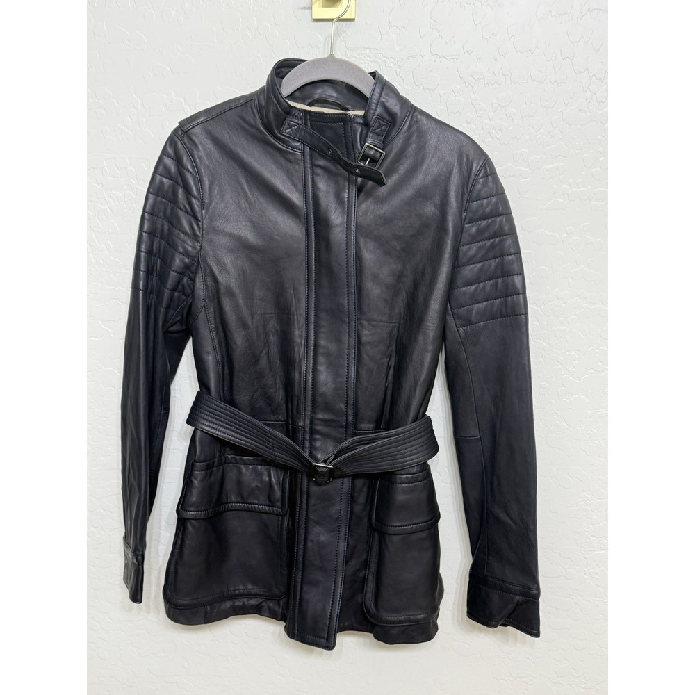 COACH Sheepskin Leather Moto Jacket Coat Size S Black Women Belted Pockets Lined